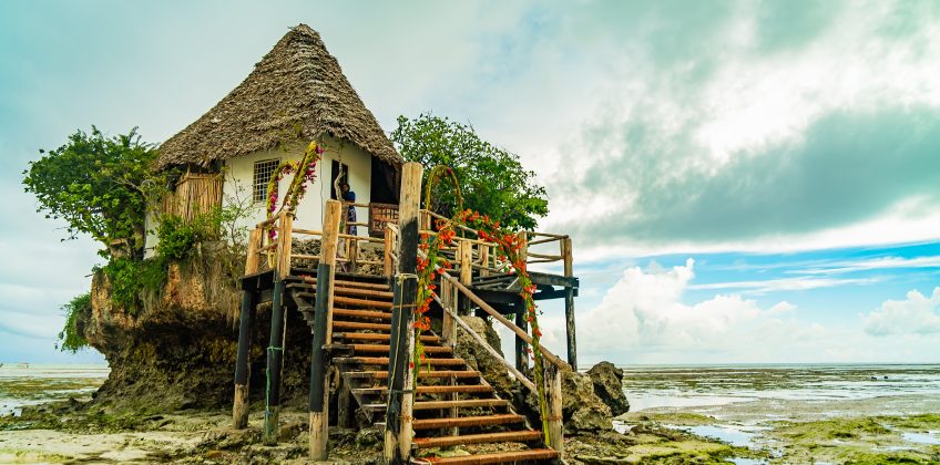 The Rocks restaurant on the beach during low tide. Pingwe, Zanzibar, Tanzania