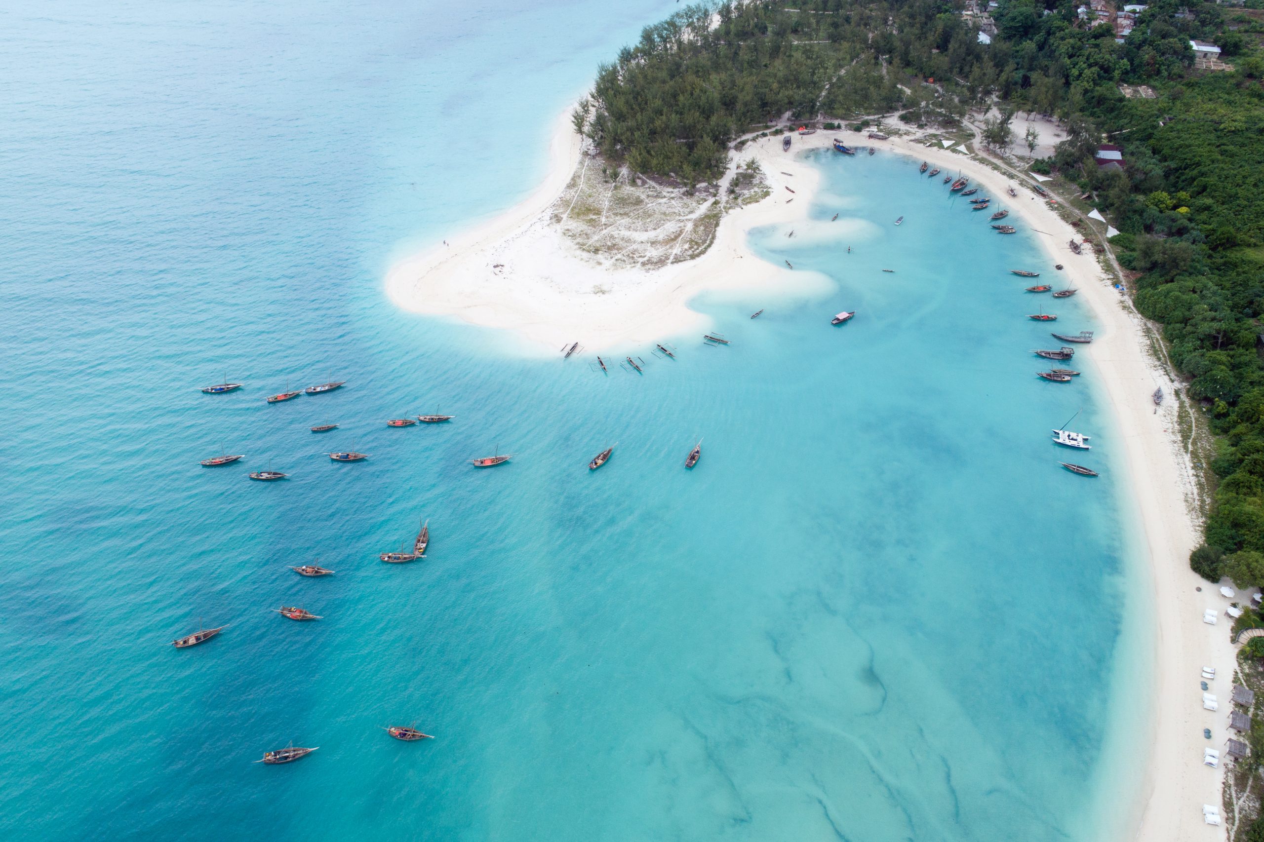 Aerial,View,Of,Wooden,Fisherman,Boats,Anchored,Near,Kendwa,Village,