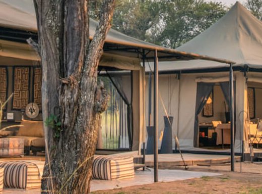 Luxury tented campsite in Serengeti National Park, Tanzania, with stunning views of the savannah and safari-style furnishings.